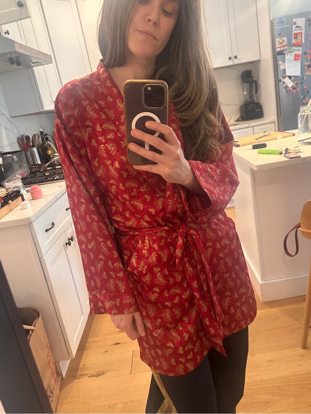 Vintage 90s Victoria’s Secret OS Red Gold Jacquard Robe Feather Print Belted